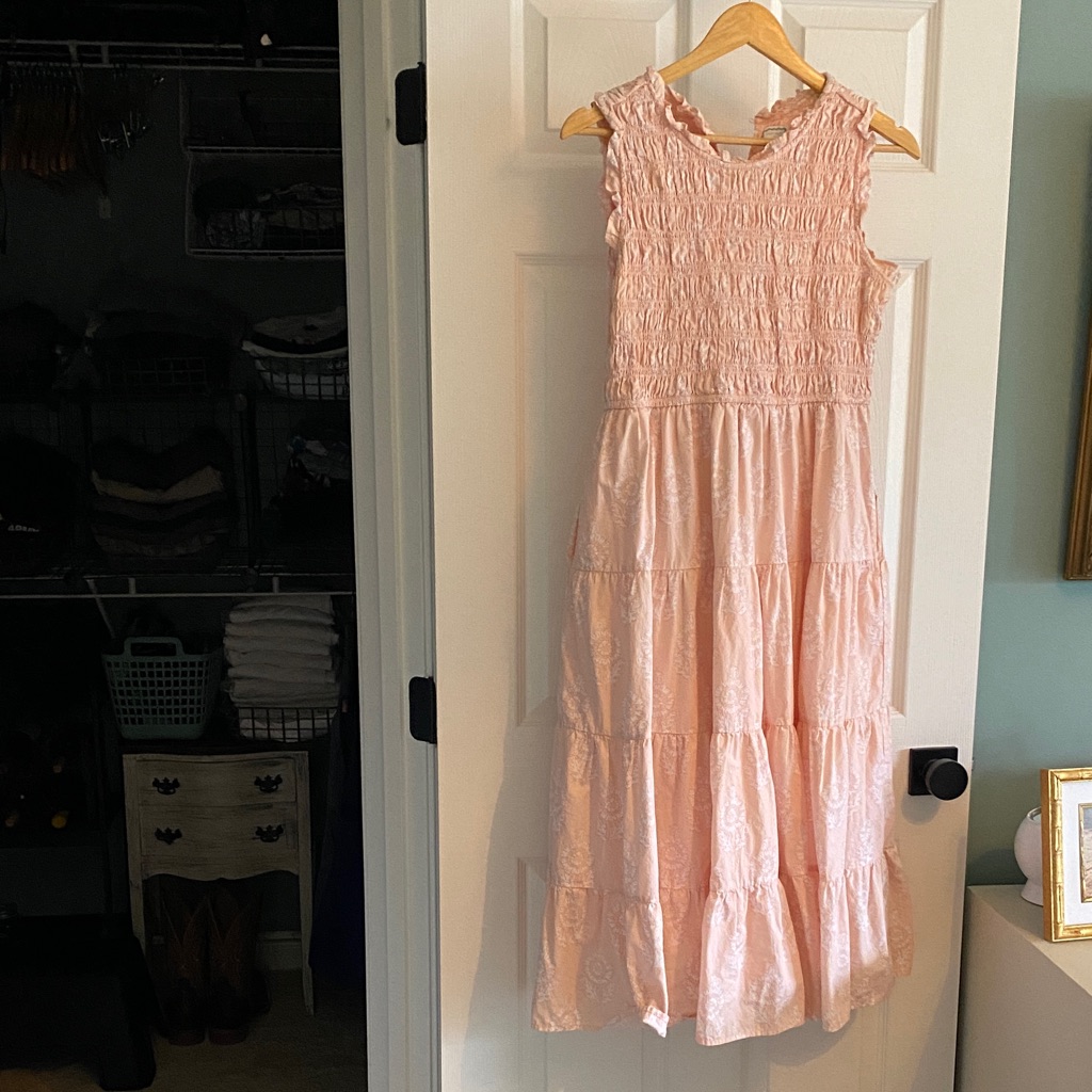 Crown & Ivy | Peach Pink Smocked Maxi Dress | Block Print